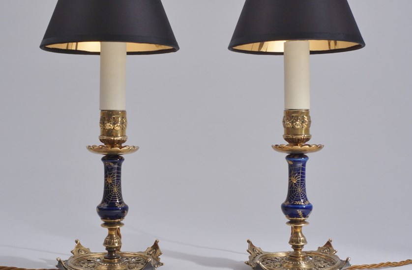 Antique pair Aesthetic Movement candlestick table lamps, spider web, porcelain & bronze by Townshend & Co, signed, 1890`s ca, English